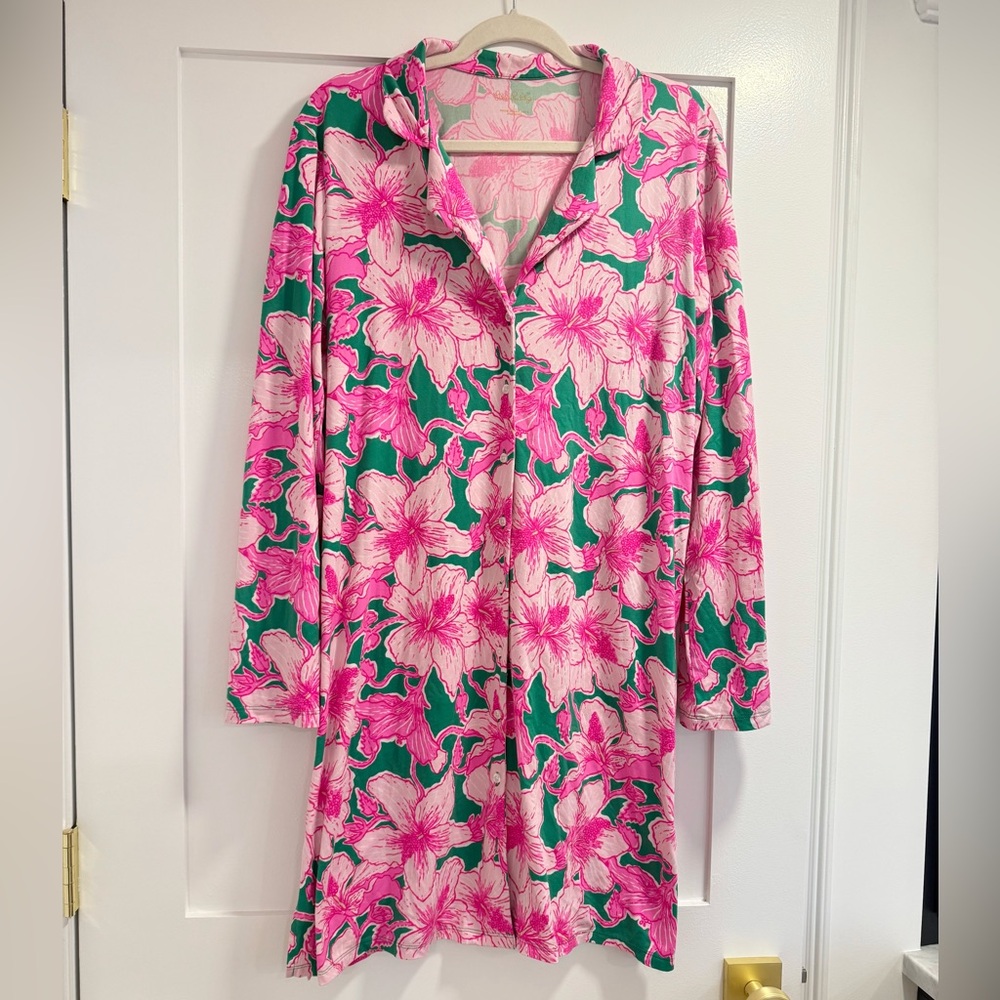 Lilly Pulitzer Chilton Pajama Shirt Dress Long Sleeve Soft Size Large L Pink